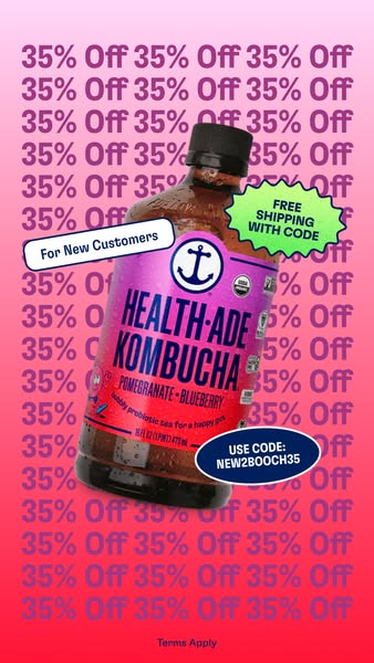 This image ad for Health-Ade Kombucha promotes a limited-time offer of 35% off for new customers, along with free shippi
