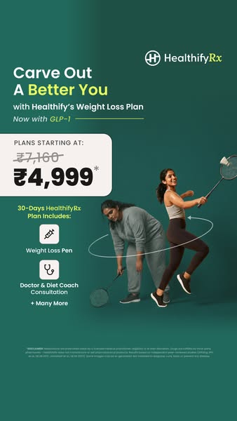 This image ad by HealthifyRx promotes its weight loss plan. The ad features a woman in activewear playing badminton, imp