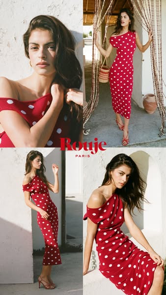 This ad showcases a woman wearing a Rouje Paris dress and highlights the brand's aesthetic and design. The layout co