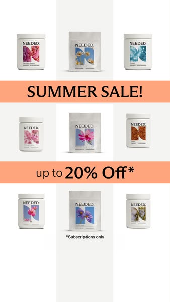 This ad for Needed promotes a summer sale offering up to 20% off subscriptions. The ad features a grid of various Needed