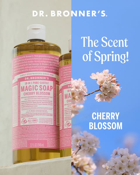 This image ad for Dr. Bronner's Cherry Blossom Magic Soap is split vertically with the soap on the left and blossomi