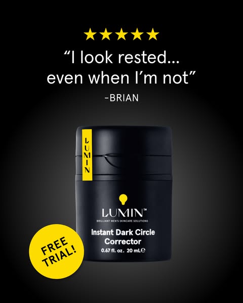 The ad features a product shot of Lumin Instant Dark Circle Corrector, highlighted by a customer quote, 5-star review, a