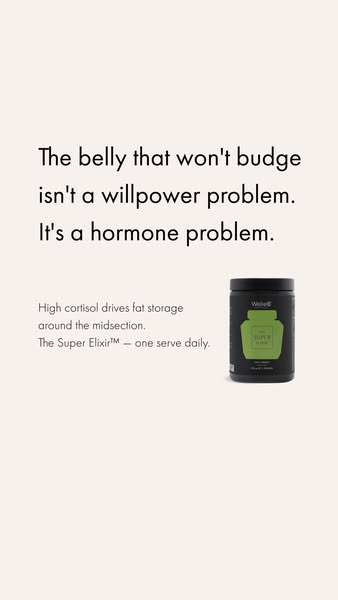 The ad identifies belly fat that won't go away as a hormone problem (not a willpower problem). It promotes The Super