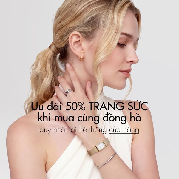 This ad features a woman wearing jewelry (ring, earrings, bracelet, and watch) and promotes a special offer where custom