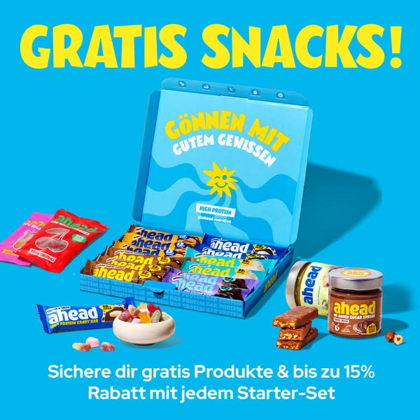 The ad showcases a variety of AHEAD protein snacks, including bars, candies, and spreads, presented in a bright and invi