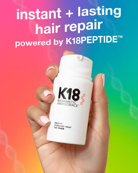 An ad for K18 leave-in hair mask showcasing instant and lasting hair repair.