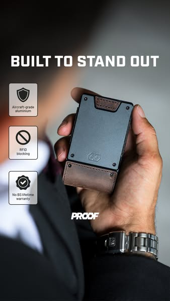 This ad showcases a sleek, modern wallet with a focus on its durable materials and RFID blocking capabilities. The walle