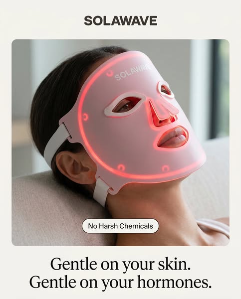 This ad promotes the SOLAWAVE light therapy mask by highlighting that it is gentle on the skin and hormones and uses no 