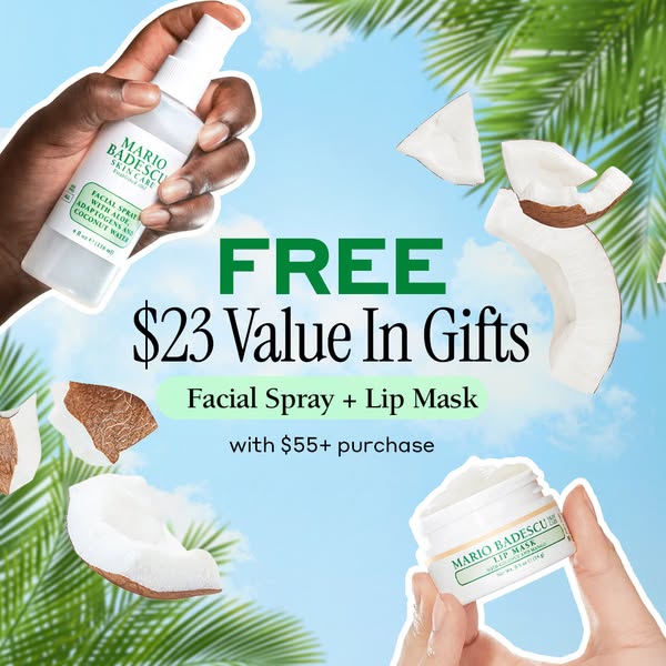 Image ad promoting Mario Badescu skincare brand. It highlights a limited-time offer: free facial spray and lip mask with