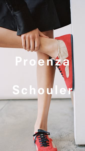 This image ad showcases the Proenza Schouler brand with a focus on a red sneaker. The ad uses a minimalist aesthetic, hi