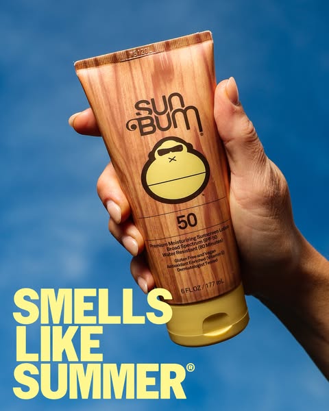 This ad features Sun Bum sunscreen. It positions the product as being reminiscent of summer through its scent. A hand ho