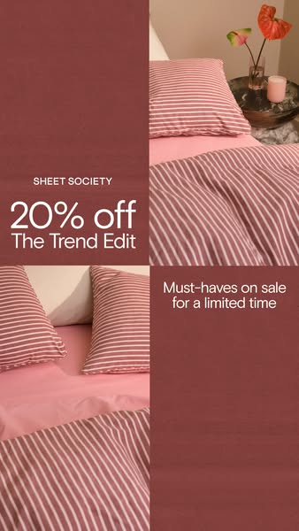 This image ad is for Sheet Society and promotes a 20% off sale on their trend edit collection. The ad features a close-u