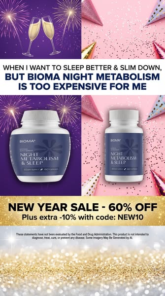 This image ad promotes Bioma's Night Metabolism & Sleep supplement with a New Year's sale. The ad highlights