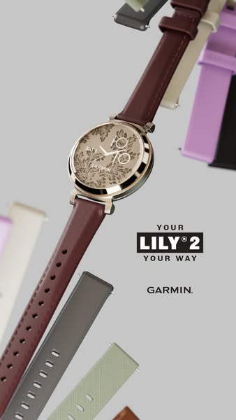 This ad showcases the Garmin Lily 2 watch, emphasizing its design and customizable features. The ad is designed to appea