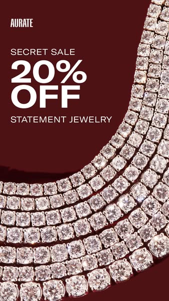 A static image ad promoting Aurate statement jewelry, highlighting a secret sale with a 20% discount. The image showcase