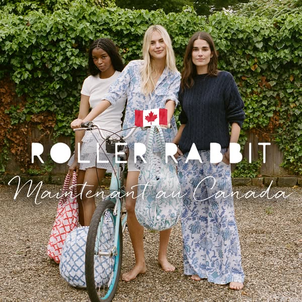 This ad from Roller Rabbit features three women wearing the brand's clothing and standing in front of greenery. The 
