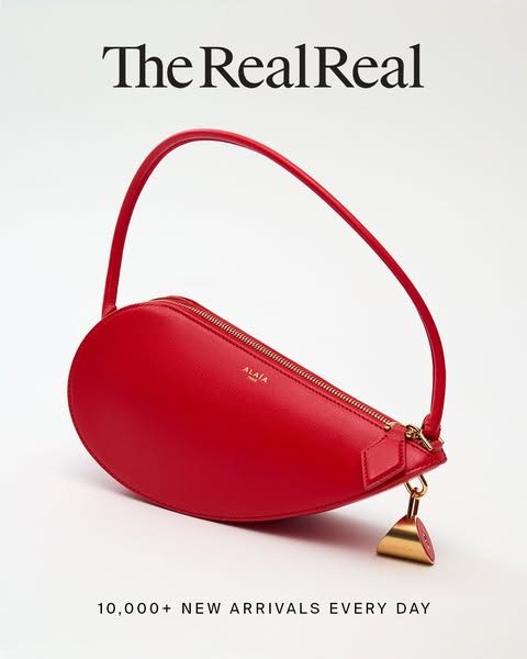 This ad showcases a red Alaia purse from The RealReal, highlighting the daily addition of over 10,000 new arrivals.