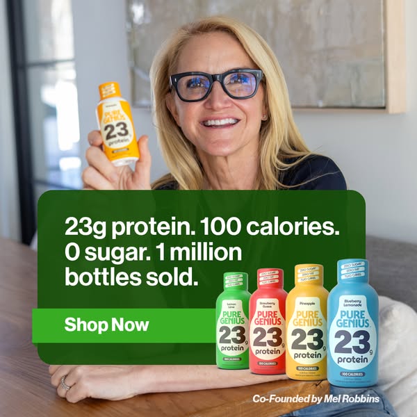 This ad features Mel Robbins, the co-founder of Pure Genius protein drinks, promoting the product by highlighting its nu