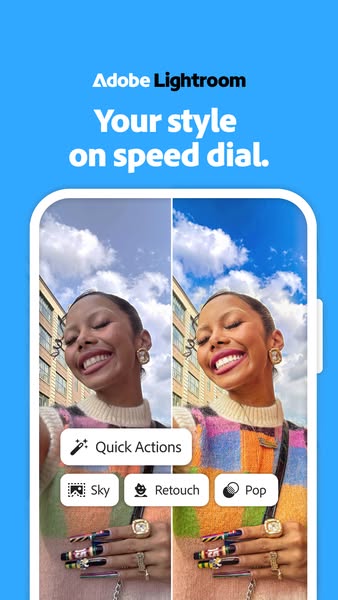 This ad for Adobe Lightroom features a split screen demonstrating the app's editing capabilities. A woman is picture