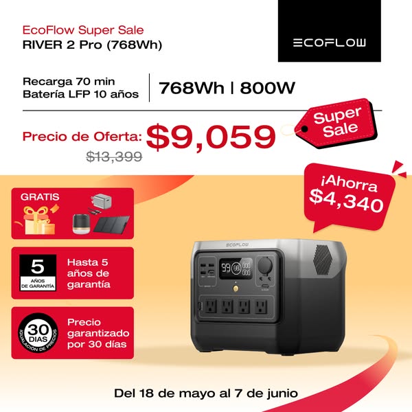 This ad promotes the EcoFlow RIVER 2 Pro (768Wh) power station, highlighting its features such as recharge time, battery
