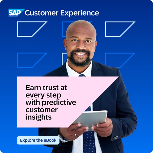This ad for SAP Customer Experience features a man in a suit holding a tablet, with the headline "Earn trust at eve