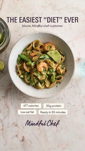 This ad for Mindful Chef promotes healthy eating through ready-made, low-calorie meal kits. The ad highlights the produc