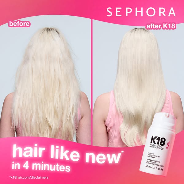 This image ad for K18 Biomimetic Hairscience features a before-and-after shot of a woman's hair after using the prod