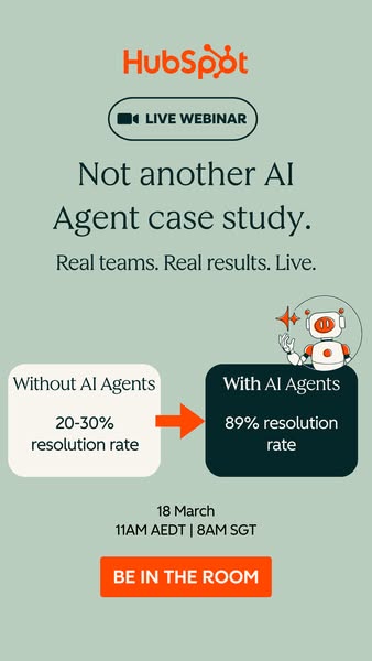 This image ad for HubSpot promotes a live webinar about AI Agents and provides statistics on resolution rates with and w