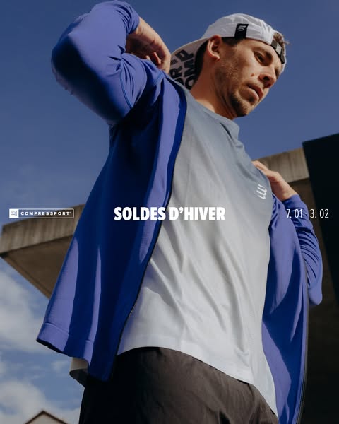 This ad promotes Compressport activewear during a winter sale. It features a man wearing a long-sleeved shirt and a hat,
