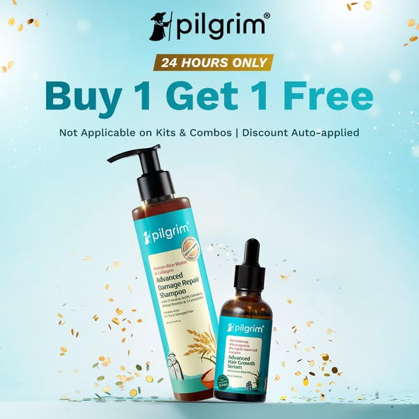 This ad features Pilgrim's Advanced Damage Repair Shampoo and Advanced Hair Growth Serum. It highlights a buy-one-ge