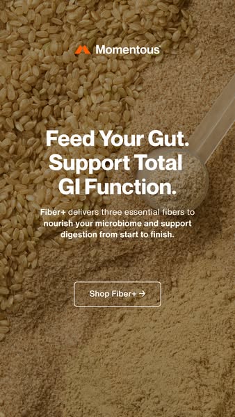 This ad promotes Momentous Fiber+, emphasizing its benefits for gut health and digestion. The ad uses a close-up of the 