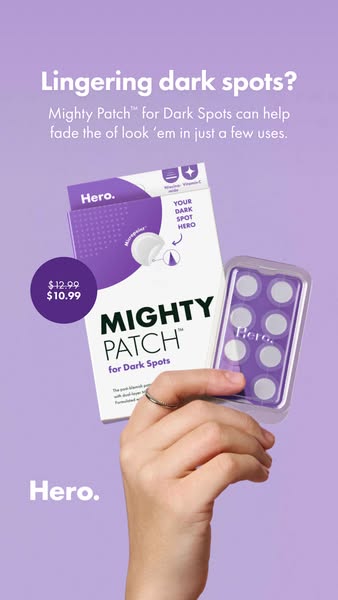 The ad highlights Hero Mighty Patch for Dark Spots as a solution to fade the look of dark spots. The ad features the pro