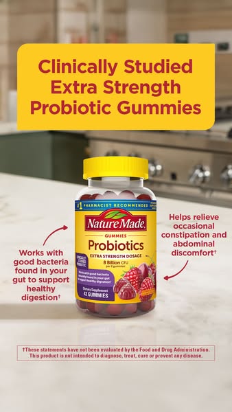This ad promotes Nature Made Extra Strength Probiotic Gummies for digestive health. It highlights the product's clin