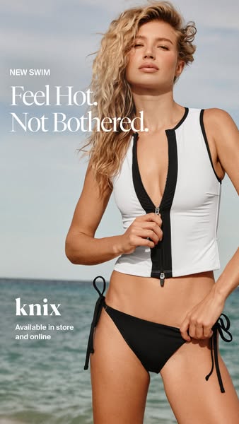 This ad showcases a woman wearing a Knix swimsuit on a beach with the headline "Feel Hot. Not Bothered."