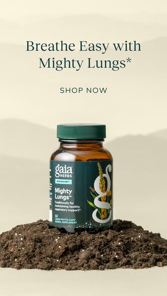 This ad promotes Gaia Herbs Mighty Lungs supplement, highlighting its traditional use for maintaining healthy respirator