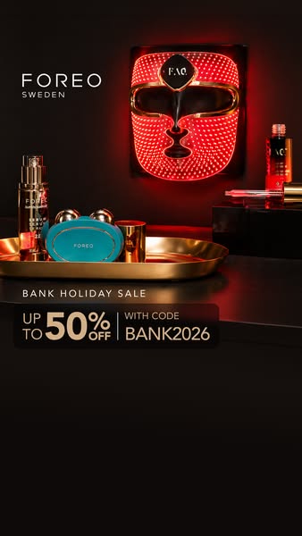 This Foreo ad highlights several of the brand's skin care products, including the FAQ LED mask, serum, and UFO devic