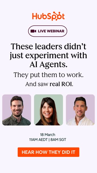 An advertisement for a HubSpot webinar about how business leaders can use AI agents to produce real ROI. The ad includes