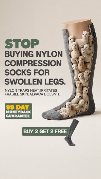 The ad highlights the drawbacks of nylon compression socks (traps heat, irritates skin) and promotes alpaca socks as an 