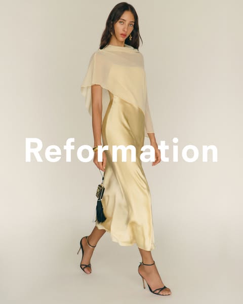 This ad features a woman walking in a yellow dress from Reformation. The brand name is displayed in the center of the im