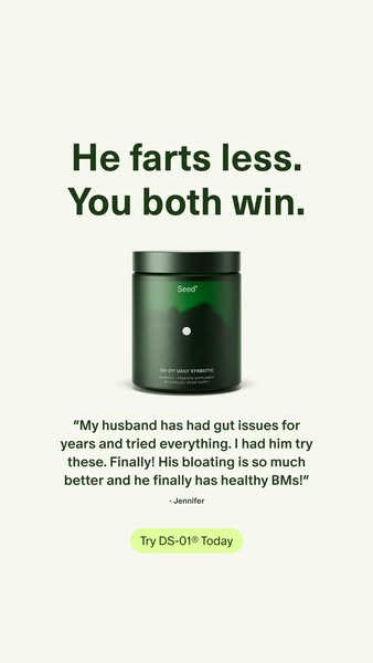 This ad uses a customer testimonial to promote Seed's DS-01 Daily Synbiotic supplement. It focuses on the benefit of