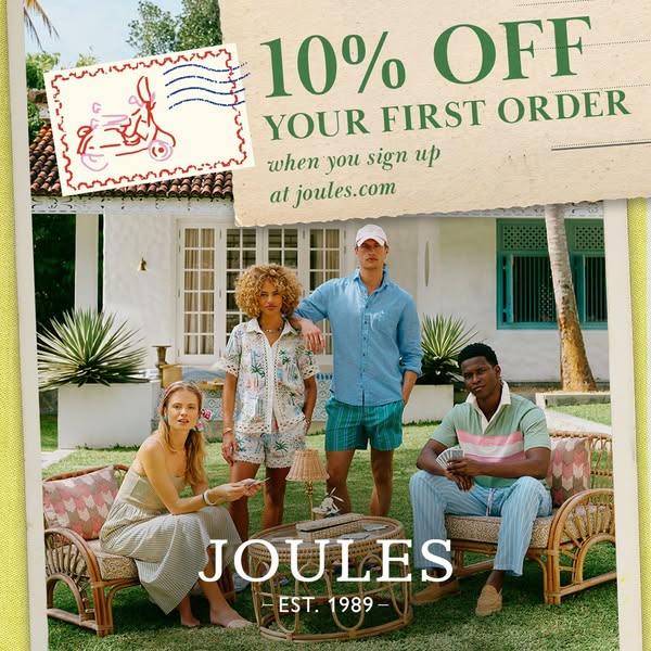 This image ad for Joules features four casually dressed people in a yard setting with a white house in the background. T