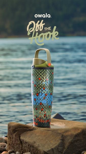 This ad features a custom-designed Owala water bottle in an outdoor setting, appealing to outdoor enthusiasts with a uni