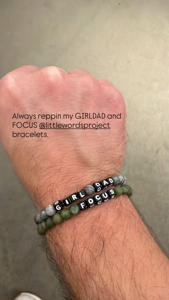 This ad features a man wearing and promoting Little Words Project bracelets, specifically the 'Girl Dad' and 