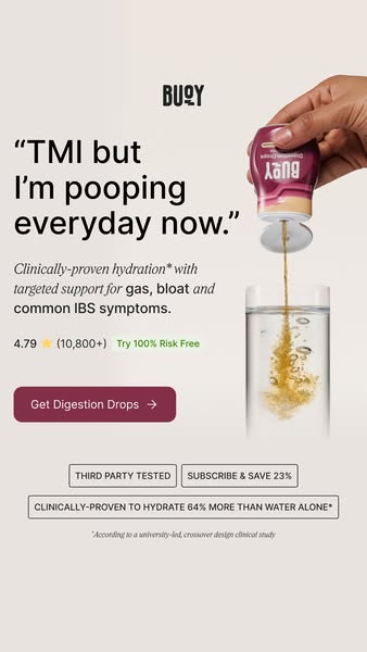 This image ad for Buoy Digestion Drops features a customer testimonial about the product's effectiveness, followed b