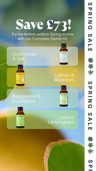 This ad promotes a complete starter kit featuring limited-edition spring scents, offering a significant discount. The vi