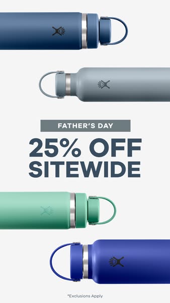 An advertisement for Hydro Flask highlighting a sitewide 25% off sale for Father's Day. The ad features four differe