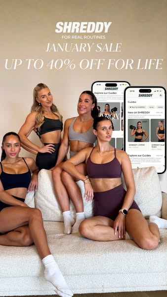 This image ad for Shreddy features four women in athletic wear sitting on a couch, with two phones displaying the Shredd