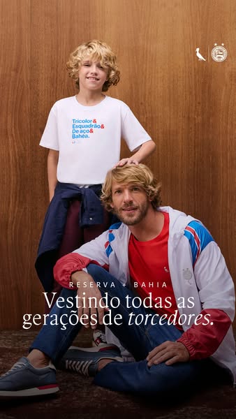 This image ad shows an adult and child, both wearing apparel from the Reserva + Bahia collection. The ad promotes the id