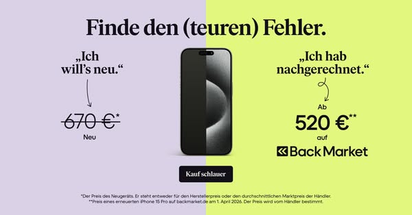 The ad highlights the price difference between buying a new iPhone 15 Pro and buying a refurbished one from Back Market,