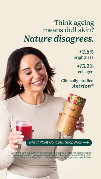 This image ad for Rheal Plant Collagen features a woman holding the product and a glass of red liquid. The ad copy highl